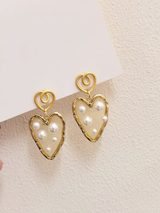 Dumb gold [ear Needle] Brass Imitation Pearl Heart Vintage Drop Earring